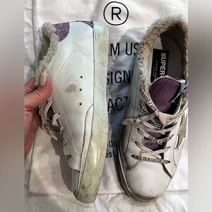 Golden Goose White Leather Sneakers with Purple Accents and Shearling